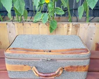 Vintage Hartmann tweed and leather suitcase, retro travel