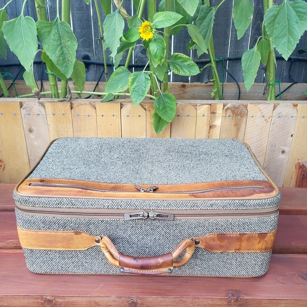 Vintage Hartmann tweed and leather suitcase, retro travel