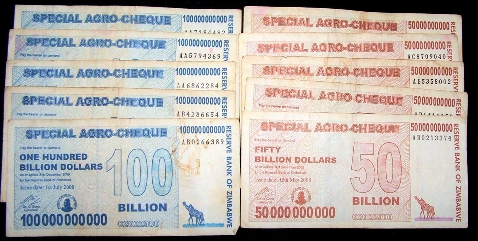 10 pcs x  Zimbabwe agro cheque banknotes 5 x 50 & 100 Billion Dollars-paper money currency