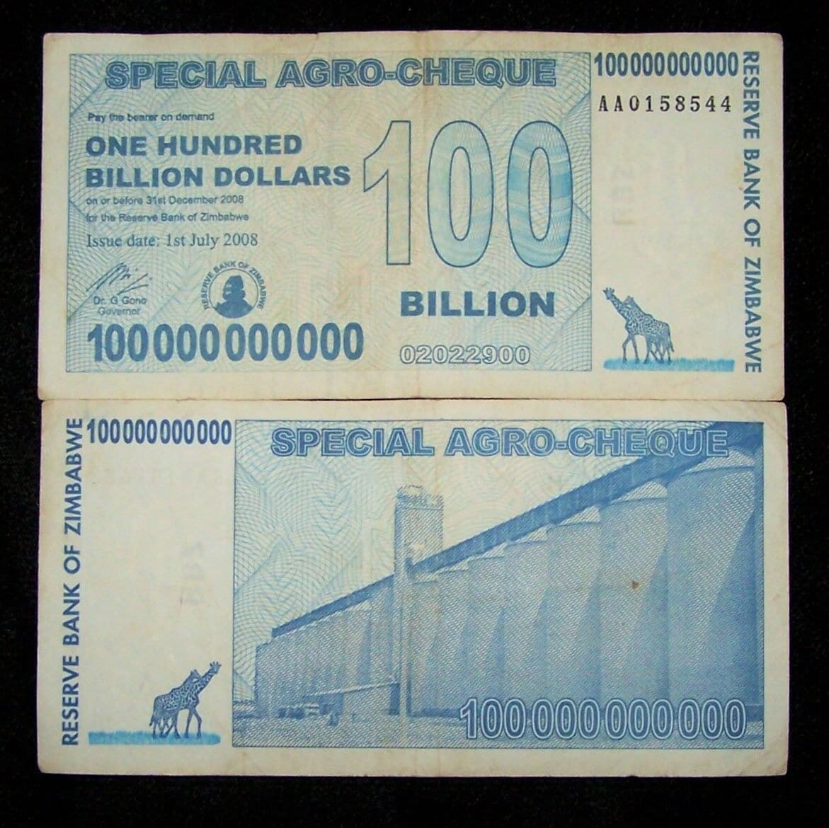 Zimbabwe 100 Billion Dollars Special Agro Cheque x 10PCS Bundle 2008 Circulated 