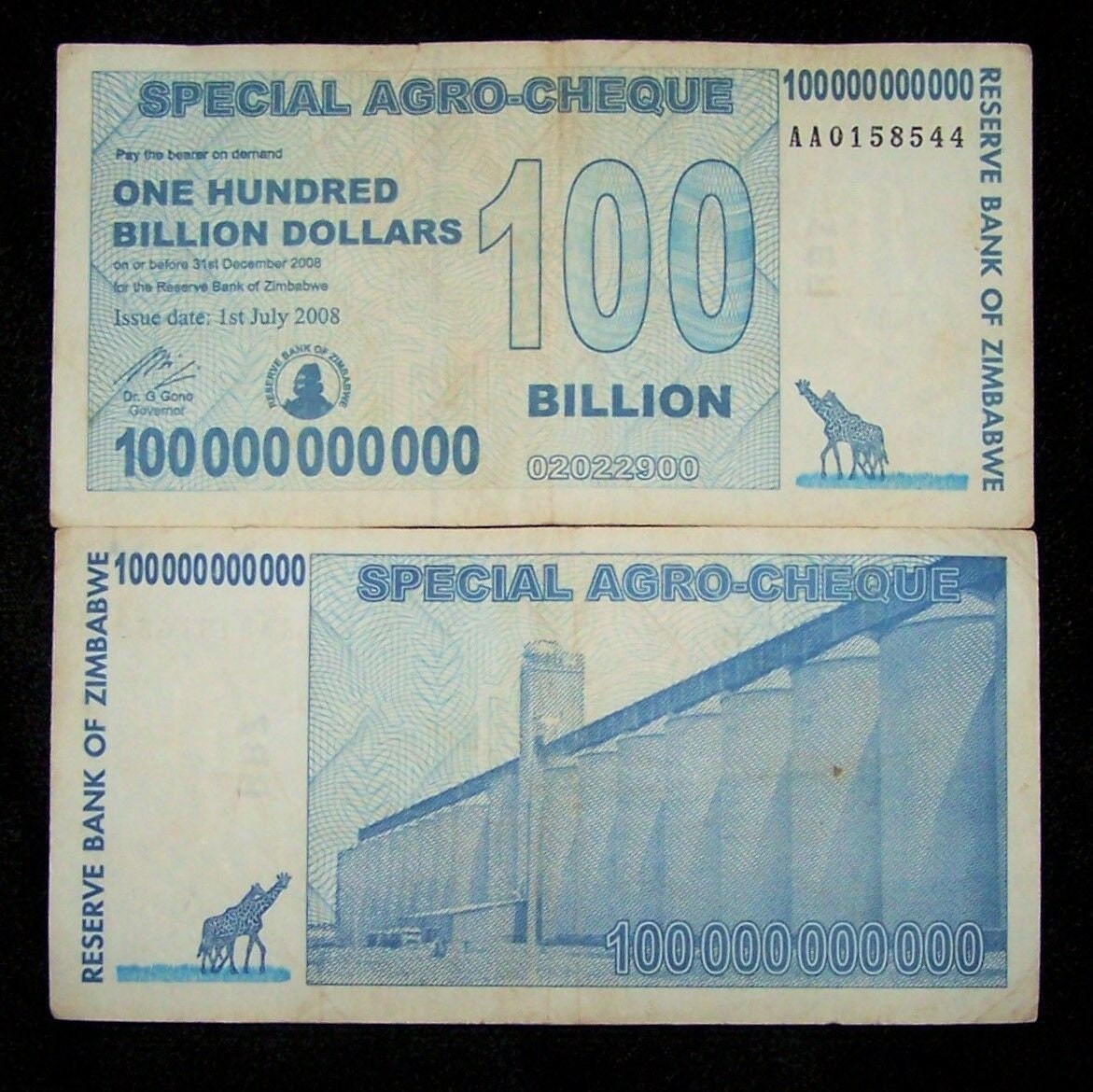 thumbnail image 2 of Zimbabwe 100 Billion Dollars Banknote – 2008 Circulated Special Agro Cheque AA 2 of 5
