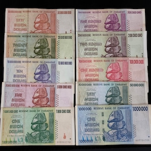 10 Zimbabwe Banknotes-1,50.100,200,500 Million / 1,5,10,20 & 50 Billion Dollars  /  Circulated currency / 2008