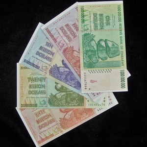 5 Zimbabwe banknotes- 1 x 1/5/10/20/50 billion dollars.  ABOUT UNCIRCULATED /  2008 paper money currency