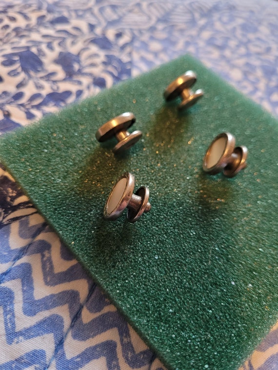 Boutons De Manchette Vintage Argent Et Blanc - Snap Link - Occasion