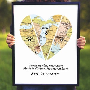 Map 3 Heart Print, Unique Family Gift, Wedding Gift,Personalized Map Art,Gift for couple Art,Gift for Family, New home,christmas gift
