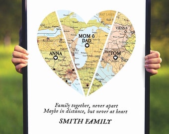 Family Together map print, Map 3 places family Heart Print,Custom Family Gift with names,Custom Map 3 family christmas gift,gift for parents