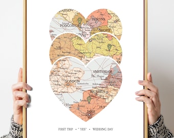 Map 3 Heart Print, Unique Family Gift, Wedding Gift,Personalised Map Art,Gift for couple Art,Gift for Family, New home,christmas gift map