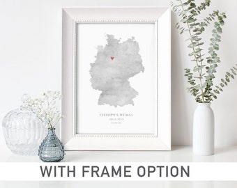 Póster de boda con mapa de Alemania personalizado, nombres personalizados y opción de marco.