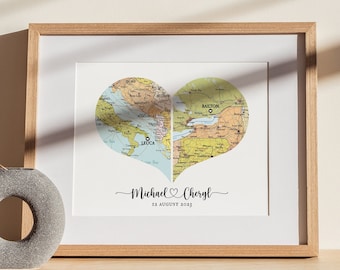 Map with 2 places, gift print,Custom location couple,Christmas gift marriage, anniversary map, Distance map couple, horizontal map print