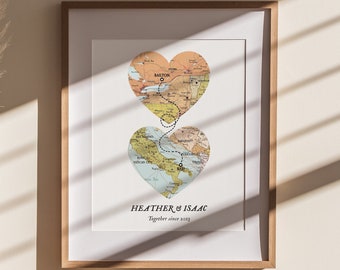 Map with 2 places, couple map, Distance map couple, wedding gift print,Custom location couple,Christmas gift marriage, anniversary map