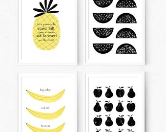 Set Of 4 Kitchen Prints,Scandinavian Print Set, Funny Kitchen Home Decor,fruit posters, Kitchen Print, Wall Art, Kitchen Poster