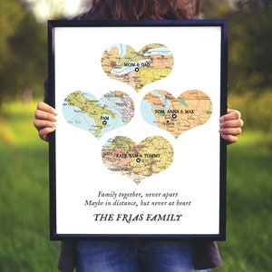 Family Map Print, names family gift Christmas,Christmas gift big family,Family map born,Map 4 places family, christmas gift for mom and dad, image 1