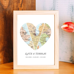 Custom met fiancé marié coeur, Carte 3 lieux importants, impression de carte pour cadeau de couple, carte de localisation personnalisée, nouveau cadeau de mariage