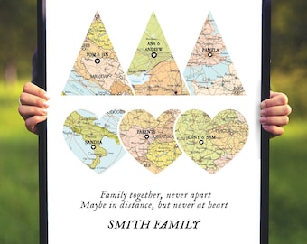 Family Together Map Print 6 places,Map 6 places Heart Print,Christmas Family Gift map,Custom gift for big family,Gift for Family,Family map