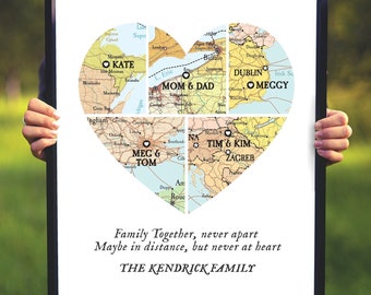 Family Map Print with names, Map 5 places Heart Print, Gift for parents family names dates,christmas gift for parents family places map