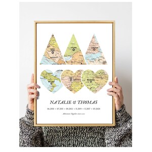 Notre histoire 6 cartes de lieux, carte cadeau de mariage, carte cadeau de voyage noël, carte de voyage en montagne personnalisée, dates de voyage, notre carte d’aventures, carte de voyage
