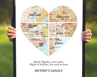 Family Together Map Print 6 places,Map 6 places Heart Print,Christmas Family Gift map,Custom gift for big family,Gift for Family,Family map