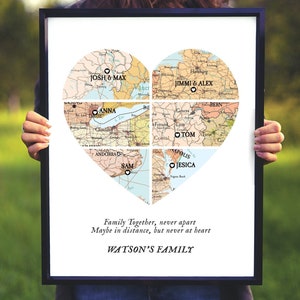 Map 6 Heart Print, Unique Family Gift, Wedding Gift,Personalized Map Art,Gift for couple Art,Gift for Family, New home,christmas gift