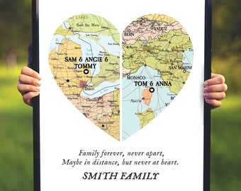 Family Together map print, Map 2 places family Heart Print,Custom Family Gift with names, gift for parents, Custom Map 2 family christmas