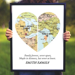 Family Together map print, Map 2 places family Heart Print,Custom Family Gift with names, gift for parents, Custom Map 2 family christmas zdjęcie 1