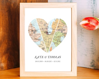 Custom met fiancé marié coeur, Carte 3 lieux importants, impression de carte pour cadeau de couple, carte de localisation personnalisée, nouveau cadeau de mariage