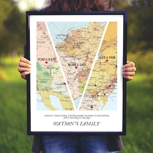 Map 3 Heart Print, Unique Family Gift, Wedding Gift,Personalized Map Art,Gift for couple Art,Gift for Family, New home,christmas gift