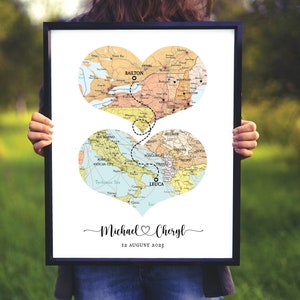 Karte mit 2 Orten,Geschenkdruck,Individueller Standort Paar,Weihnachtsgeschenk Hochzeit,Jubiläumskarte,Paar Karte, Abstandskarte Paar,Hochzeit