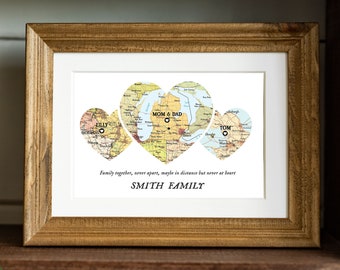 Map 3 Heart Print, Unique Family Gift, Wedding Gift,Personalized Map Art,Gift for couple Art,Gift for Family, New home,christmas gift