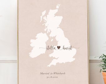 Cadeau de mariage personnalisé en Angleterre, impression personnalisée de l’emplacement du mariage, mariage personnalisé en Angleterre, carte de fiançailles En Angleterre, carte de mariage Angleterre, Angleterre