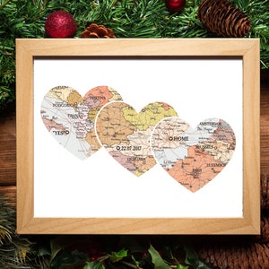 Kaart 3 Hart Print, Unieke Familie Gift, Bruiloft Gift, Gepersonaliseerde Kaart Kunst, Cadeau voor paar Kunst, Cadeau voor Familie, Nieuw huis, kerstcadeau