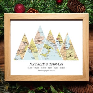 Avventura Dalla mappa Montagna,6 luoghi mappa,Mappa Regalo di Nozze,Mappa regalo di viaggio Natale,Mappa di viaggio di montagna personalizzata,Date di viaggio,Mappa delle montagne