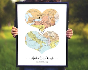 Mappa con 2 luoghi, stampa regalo,Coppia posizione personalizzata,matrimonio regalo di Natale, mappa anniversario, mappa coppia, Mappa distanza coppia, matrimonio, mappa