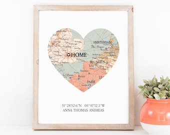 Personalized Map Heart Print, Custom Location Gift