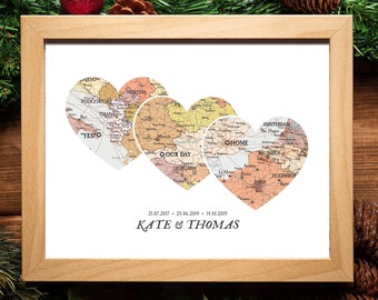 Custom Map with important dates places names,Map custom placemark,3 places custom map,Christmas Gift for couple print,Christmas gift for her