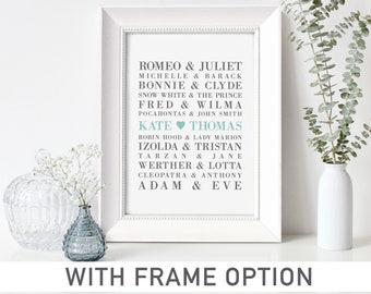 Poster Famous Couples Print,with FRAME option,Personalized Love Print,gift for couple Custom Names,Wedding Anniversary Gift,hochzeitgeschenk