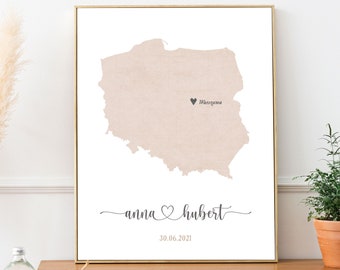 Regalo di nozze personalizzato polonia, stampa di nozze, Love Print, mapa prezent, mapa ślub, mapa Polski