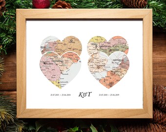 Personalized 4-Heart Map Print: Custom Family Travel Art
