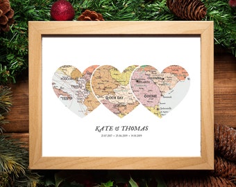 Map 3 Heart Print, Unique Family Gift, Wedding Gift,Personalised Map Art,Gift for couple Art,Gift for Family, New home,christmas gift