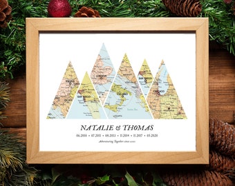 Avventura Dalla mappa Montagna,6 luoghi mappa,Mappa Regalo di Nozze,Mappa regalo di viaggio Natale,Mappa di viaggio di montagna personalizzata,Date di viaggio,Mappa delle montagne