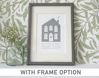 May include: A framed print with a gray house illustration and the text "home is where the heart is 50°58′43″N 16°11'03 E". The print is framed in a gray frame and is sitting on a white surface.