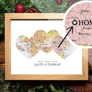 Carte 3 lieux noms dates, carte de coeur avec emplacements personnalisés, carte cadeau familiale, carte de mariage, carte d’art Cadeau pour couple, carte maison, carte de Noël cadeau