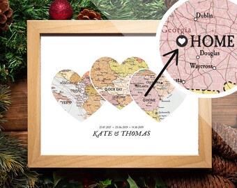Custom Heart Map Print: 3 Locations, Names, Dates - Family Gift