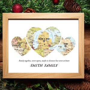 Family Together Map Print, Christmas Family Gift, Custom Map family, Christmas gift family distance map, Map 3 places family, Git for parents image 2