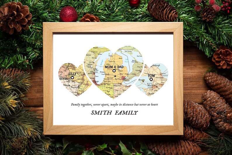 Family Together Map Print, Christmas Family Gift, Custom Map family, Christmas gift family distance map, Map 3 places family, Git for parents image 2