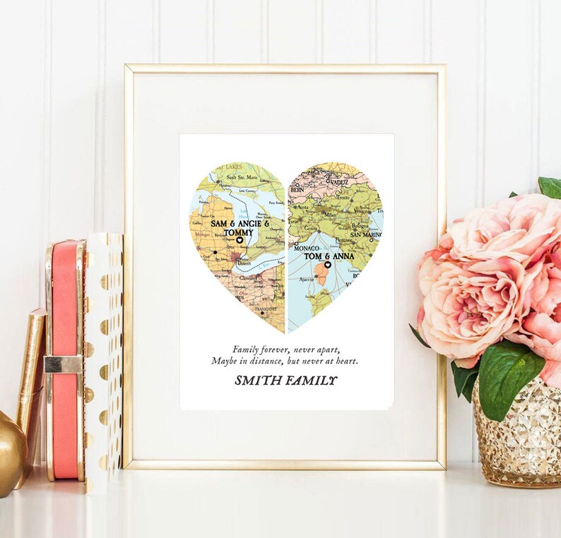 Family Together map print, Map 2 places family Heart Print,Custom Family Gift with names, gift for parents, Custom Map 2 family christmas zdjęcie 6