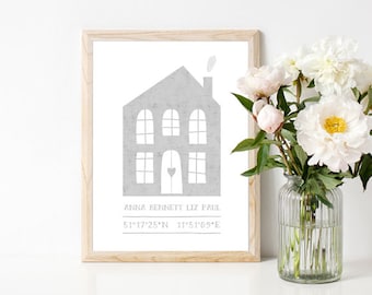 May include: A framed print with a gray house illustration, the names "Anna Bennett Liz Paul" and the coordinates "51°17'25"N 11°51'69"E".