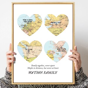 Carte de famille 4 lieux, noms de famille cadeau de famille,cadeaux de Noël noms de lieux,carte de famille longue distance, Noël,carte cadeau personnalisée pour les parents