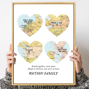 Family Map 4 places, family names family gift,Christmas gift places names,long distance family map, Christmas,custom gift map for parents zdjęcie 1