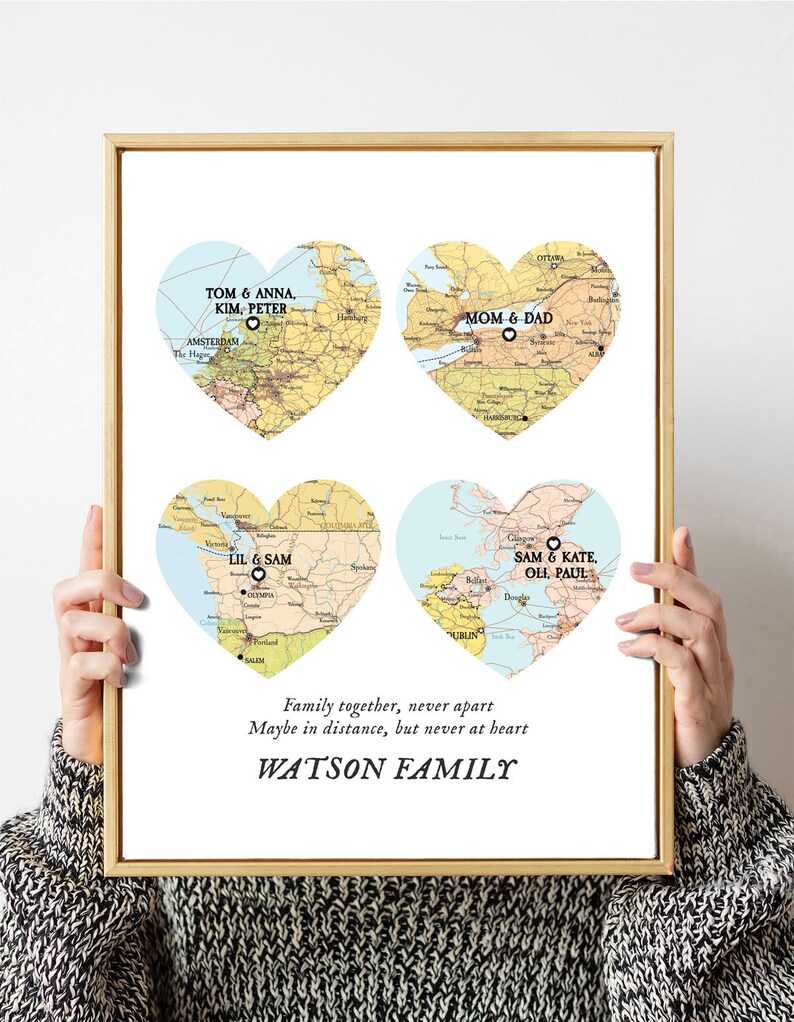 Family Map 4 places, family names family gift,Christmas gift places names,long distance family map, Christmas,custom gift map for parents zdjęcie 1