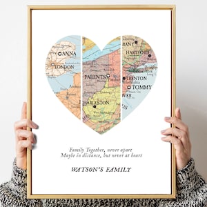Map 3 Heart Print, Unique Family Gift, Wedding Gift,Personalized Map Art,Gift for couple Art,Gift for Family, New home,christmas gift